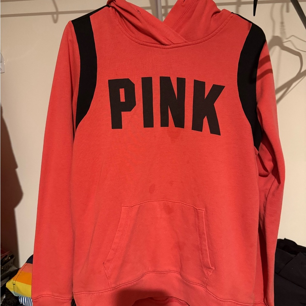 PINK Victoria's Secret Coral Hoodie with Black Accents Small